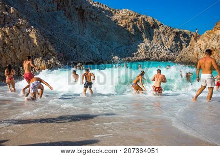 Seitan limania or Agiou Stefanou, the heavenly beach with turquoise water. Chania, Akrotiri, Crete, Greece on August 15, 2017.