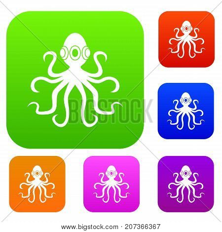 Octopus set icon color in flat style isolated on white. Collection sings vector illustration