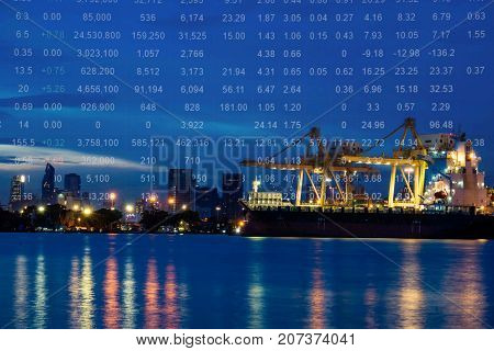 Shipping port and import export container cargo ship loading by crane. Stock price index Baltic Dry Index(BDI) background Logistics industry and transportation business concept