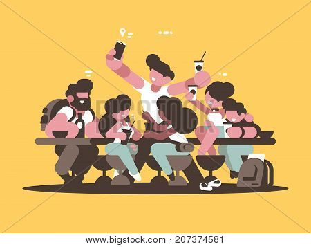Group of happy friends guys girls relaxing in cafe. Vector illustration