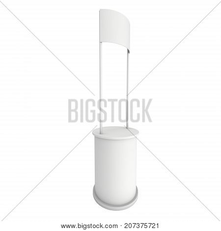 Stall or Kiosk Modern Promostand Reception Desk. Trade show booth white and blank. 3d render illustration isolated on white background. Template mockup for your expo design.