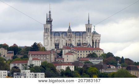 Hill top view of the Basilica of Notre-Dame de Fourviere in Lyon France
