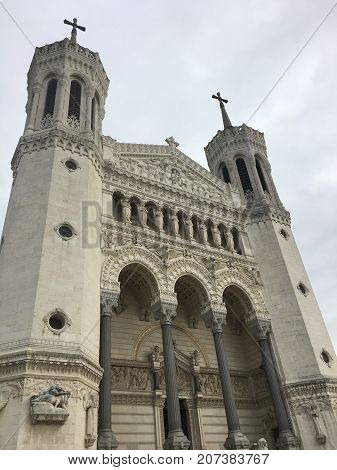 Front view of the Basilica of Notre-Dame de Fourviere in Lyon France
