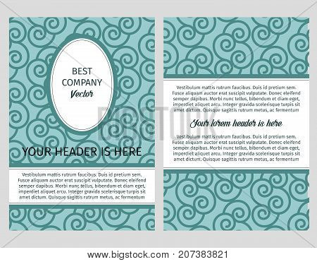 Brouchure design template for company with blue decorative pattern with linear swirls, vector illustration