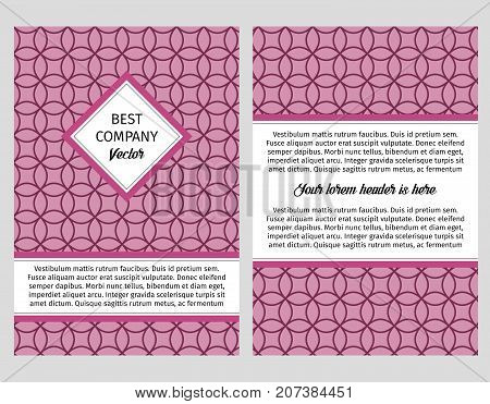 Brouchure design template for company with bright lilac background with circular violet linear pattern, vector illustration