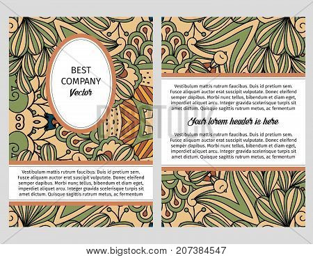Brouchure design template for company with green and beige floral decorative outline pattern with leaves and swirls, vector illustration