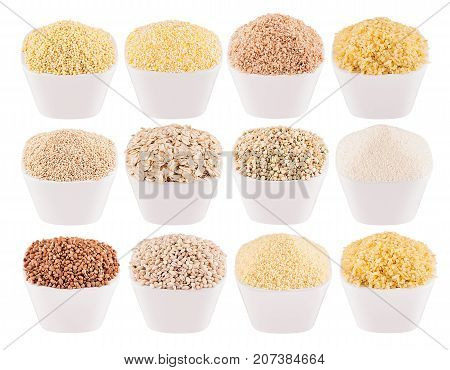Collection different groats in white bowls closeup isolated. Template for menu cover advertising. Pearl barley bulgur millet rice couscous semolina corn grits buckwheat quinoa.