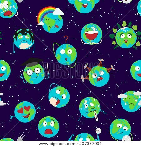 Cartoon globe with emotion web icons green global smile happy nature character expression and ecology earth planet world blue map vector illustration. Continent face emoticon seamless pattern