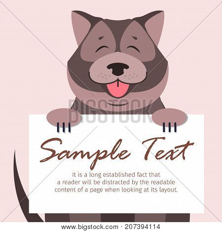 Cute Chow-Chow with closed eyes and open maw holds signboard with text isolated on peach background. Friendly dog breed vector illustration. Cartoon fluffy domestic animal with nice character.