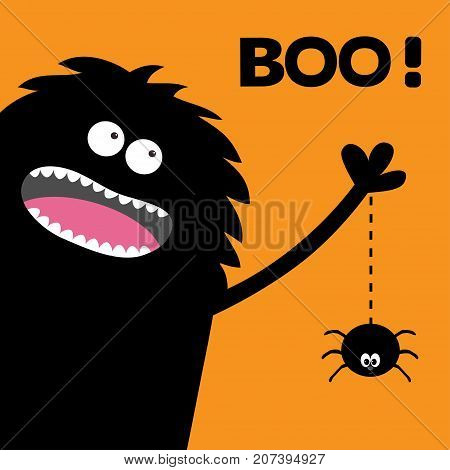 Screaming monster silhouette in the corner. Spider dash line web. Black Funny Cute cartoon baby character. Eyes teeth tongue spooky hands. Happy Halloween Boo text. Flat Orange background. Vector