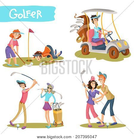Set of female and male golfers cartoon characters playing golf, learning hold stick, hitting ball, driving golf car vector illustration isolated on white. Funny golf players couple on field collection