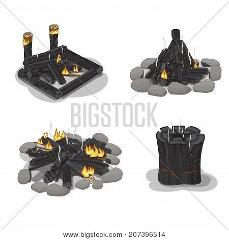 Set Firewood of four burned-out bonfire and stump illustrations with differently folded wood, stones and shadows on white background. Outdoor pastime on nature. Isolated vector illustration.