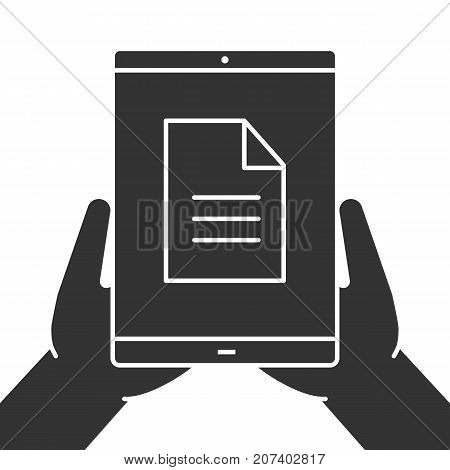 Hands holding tablet computer glyph icon. Silhouette symbol. Tablet computer with file. Negative space. Vector isolated illustration