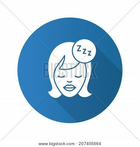 Sleeping woman flat design long shadow glyph icon. Woman's face with closed eyes and zzz symbol. Vector silhouette illustration