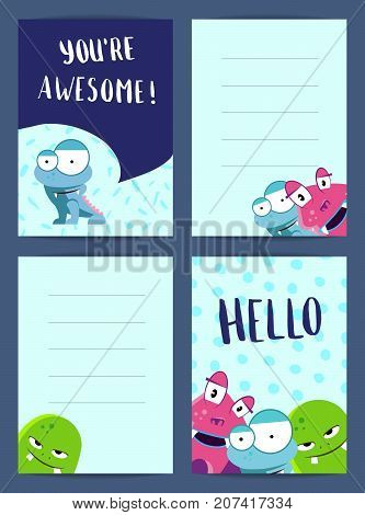 Vector vertical note cards banner poster set with pozitive writing, cute monsters on circles and blots backgrounds illustration