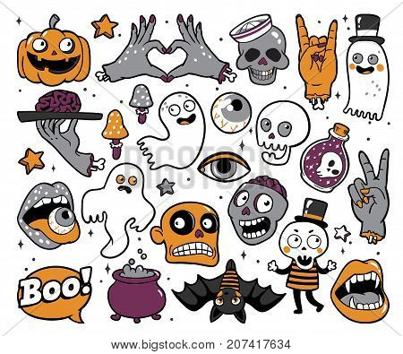Halloween set of patches with ghost, pumpkin, vampire, black cat, skeleton and other elements. Vector illustration isolated on white background. Set of stickers, pins, patches in cartoon comic style.