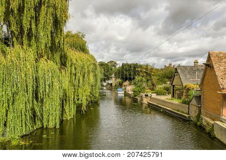 The river Great ouse in Godmanchester, Cambridgeshire, with a weeping willow tree and riverside buildings