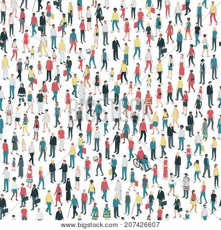 People of all ages and mixed ethnicity groups standing together community and diversity concept seamless pattern