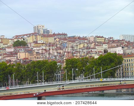 Cityscape view on top hill La Croix-Rousse ginger cross neighborhood of Lyon France with colorful houses and buildings