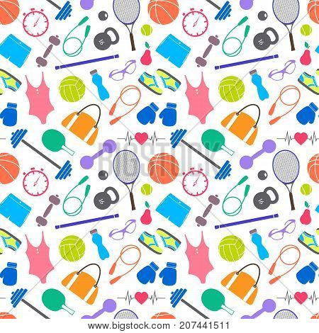 Seamless pattern with fitness equipment on white background.Vector illustration.