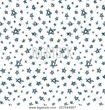 Stargaze pattern. Cosmic style. Stars and planets ornament. Galaxy fabric. Constellations print. Clothes or interior design. Fashion background. Trendy textile. Vector seamless pattern.