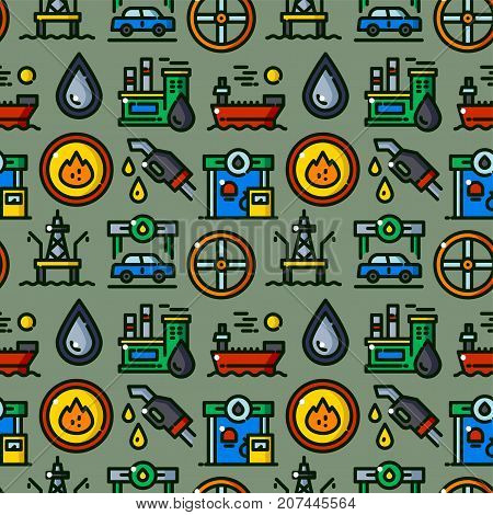 Oil industry seamless pattern with objects in line style, boring vector illustration