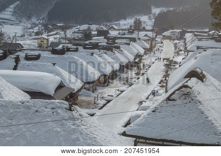 FUKUSHIMA,JAPAN - FEBRUARY 28, 2014: Ouchijuku is a former post town along the Aizu-Nishi Kaido trade route, which connected Aizu with Nikko during the Edo Period.