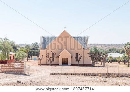 WITKRANS NAMIBIA - JULY 5 2017: The Roman Catholic Church and school at Witkrans on the C15-road between Stampriet and Gochas in the Hardap Region in Namibia