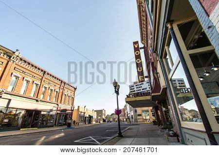 Manistee, Michigan, USA - October 1, 2017: Street view of downtown Manistee, Michigan. Located on the shores of Lake Michigan it is a popular beach town in the summer tourist season.