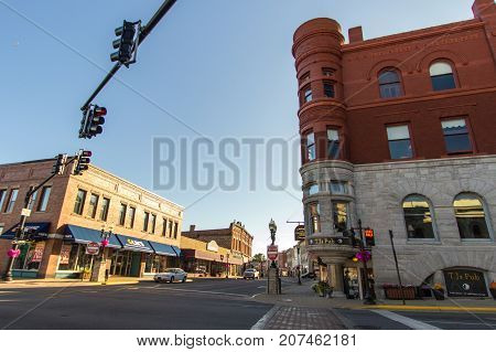 Manistee, Michigan, USA - October 1, 2017: Street view of downtown Manistee, Michigan. Located on the shores of Lake Michigan it is a popular beach town in the summer tourist season.