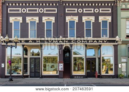 Manistee, Michigan, USA -  October 1, 2017: The historic Lyman Building in downtown Manistee now functions as a historical museum for Manistee County.