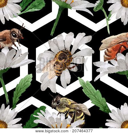 Exotic bee wild insect pattern in a watercolor style. Full name of the insect: bee, honeybee. Aquarelle wild insect for background, texture, wrapper pattern or tattoo.