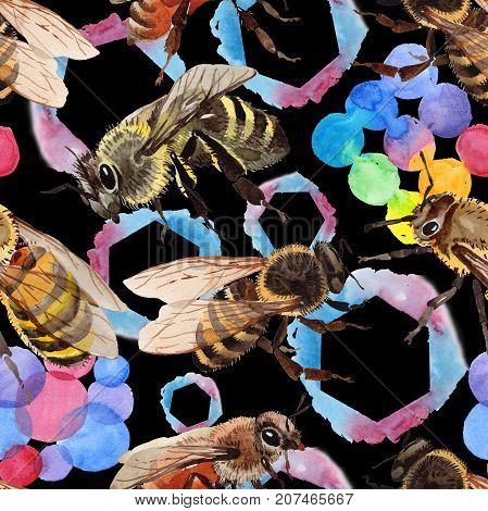 Exotic bee wild insect pattern in a watercolor style. Full name of the insect: bee, honeybee. Aquarelle wild insect for background, texture, wrapper pattern or tattoo.