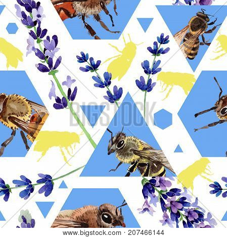 Exotic bee wild insect pattern in a watercolor style. Full name of the insect: bee, honeybee. Aquarelle wild insect for background, texture, wrapper pattern or tattoo.
