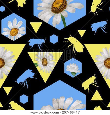 Exotic bee wild insect pattern in a watercolor style. Full name of the insect: bee, honeybee. Aquarelle wild insect for background, texture, wrapper pattern or tattoo.