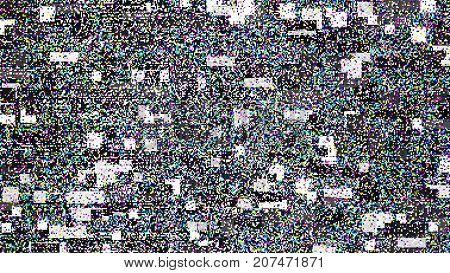 Glitch background. Computer screen error. Digital pixel noise design. HDTV no signal. Video game glitch. Television fail. Data decay. Technical problem grunge wallpaper.