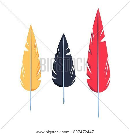 Feathers vector set in a flat style. Icons feathers isolated on a light background. Collection of silhouettes of colorful feathers. Simple icons feathers as elements for design.
