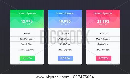 Set Of Flat Price List Colums. Three Banners With Tariffs. Modern Web Promo Elements.