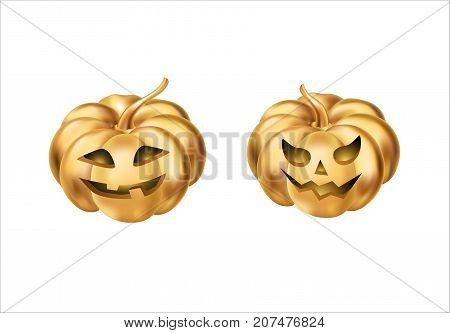 Gold halloween pumpkins. Happy Halloween pumpkin. Halloween party decoration. Golden pumpkin party design, event . Gold pumpkins party elements for celebration, event, congratulations, Home decoration