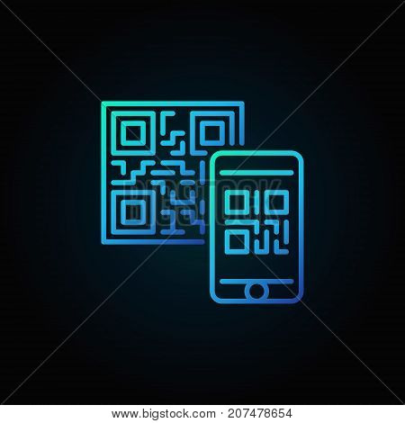 Mobile phone scanning QR code vector blue linear concept icon or symbol on dark background