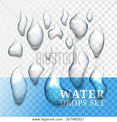 Realistic drops of water with own shadow, liquid on blue and transparent background with transparency effect. Drops can be applied on any color background or object