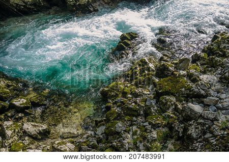 Nature autumn landscape. Waterfall at Soteska Vintgar Slovenia. The Vintgar Gorge or Bled Gorge.