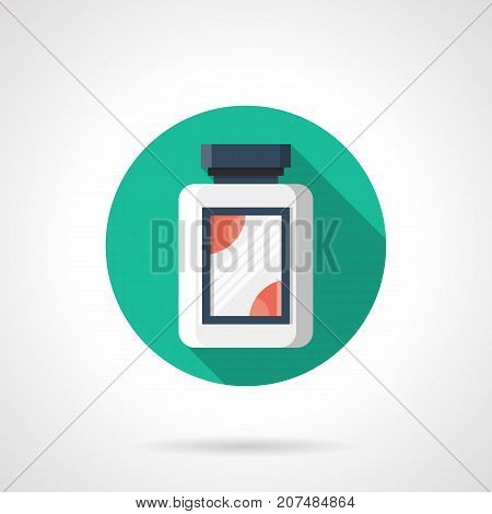 Symbol of creatine white jar. Nutritional supplements for sport and fitness. Round flat design vector icon.