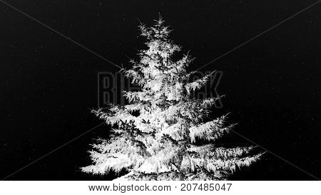 new year conceptual image of white christmas tree in infrared in the middle of the black snowy sky.
