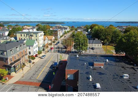 Portland City Skyline, from Portland Observatory on Munjoy Hill in Portland, Maine, USA.