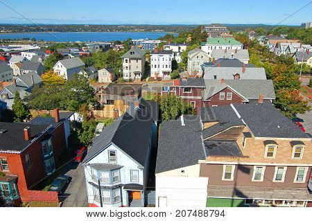 Portland City Skyline, from Portland Observatory on Munjoy Hill in Portland, Maine, USA.