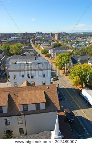 Portland City Skyline, from Portland Observatory on Munjoy Hill in Portland, Maine, USA.