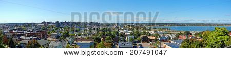 Portland City Skyline and Back Cove panorama on Munjoy Hill in Portland, Maine, USA.