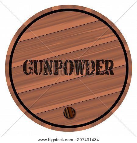 A keg of gunpowder with the name branded on a white background