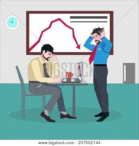 Depressed businessman with hands on the head standing next to desk of worried coworker. Low sales and revenue concept illustration vector.